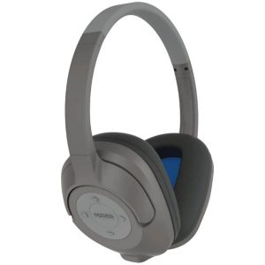 Koss over-ear headphones in gray with circular ear cups and blue interior padding