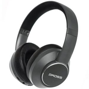 Koss over-ear headphones with black cushions and gray headband, circular ear cups with silver trim and logo.
