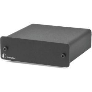Interdyn Black metal phono preamplifier labeled phono box with two front screws.