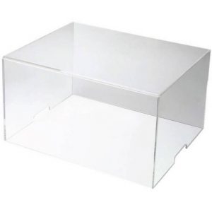 Interdyn Clear acrylic display case, rectangular, open-top with side and back panels and a small front notch.