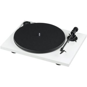 Interdyn White belt-drive turntable with black platter, tonearm, and cartridge on a minimalist rectangular base.