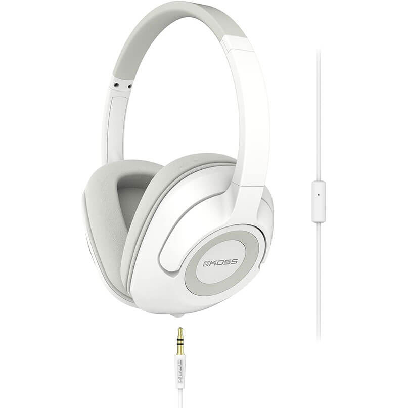 Koss Ur42Iw Over Ear Headphones Koss white over-ear headphones with gray padded cushions and circular ear cups, featuring a wired 3. 5mm audio plug.