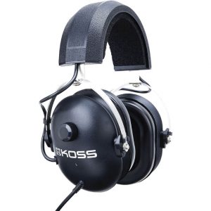 Koss over-ear wired headphones with black cups, silver frame, padded headband, and left L marker.