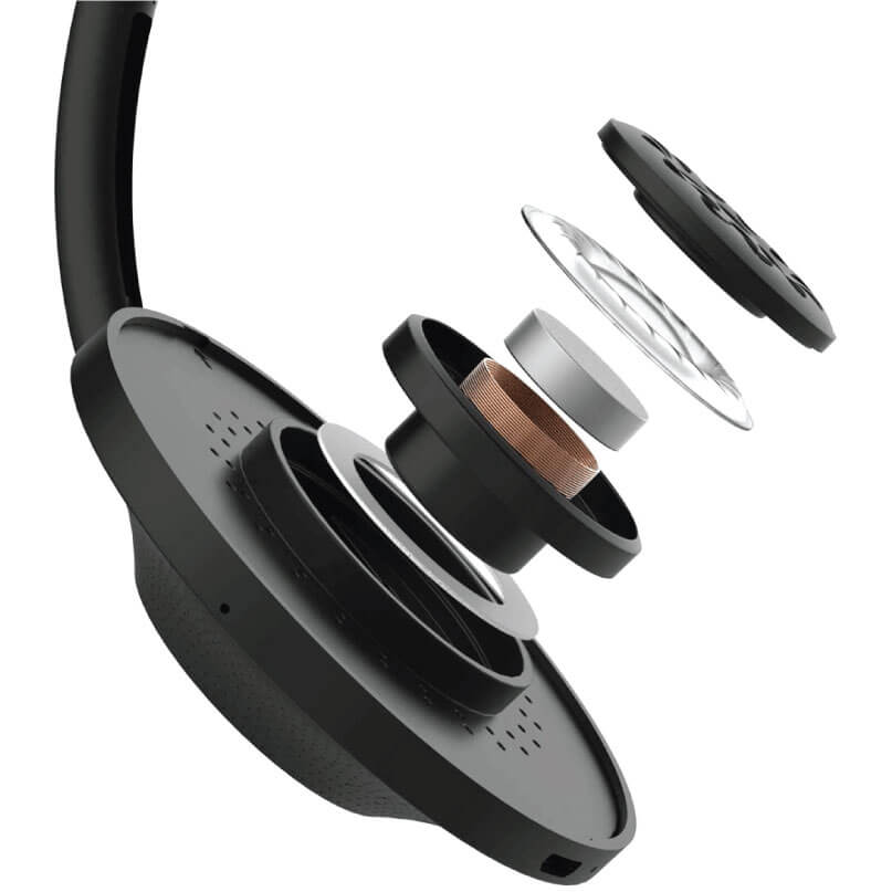 Koss Kph7 Wireless Headphones Exploded view of black over-ear wireless headphones, showing ear cup, driver coil, cushions, and internal components.