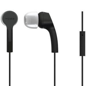 KOSS wired in-ear earphones with black stems, circular dark housings, and white silicone tips.