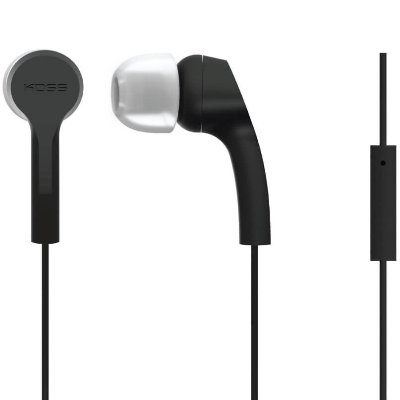 Koss Keb9I Earbuds And In Ear Headphones Koss wired in-ear earphones with black stems, circular dark housings, and white silicone tips.