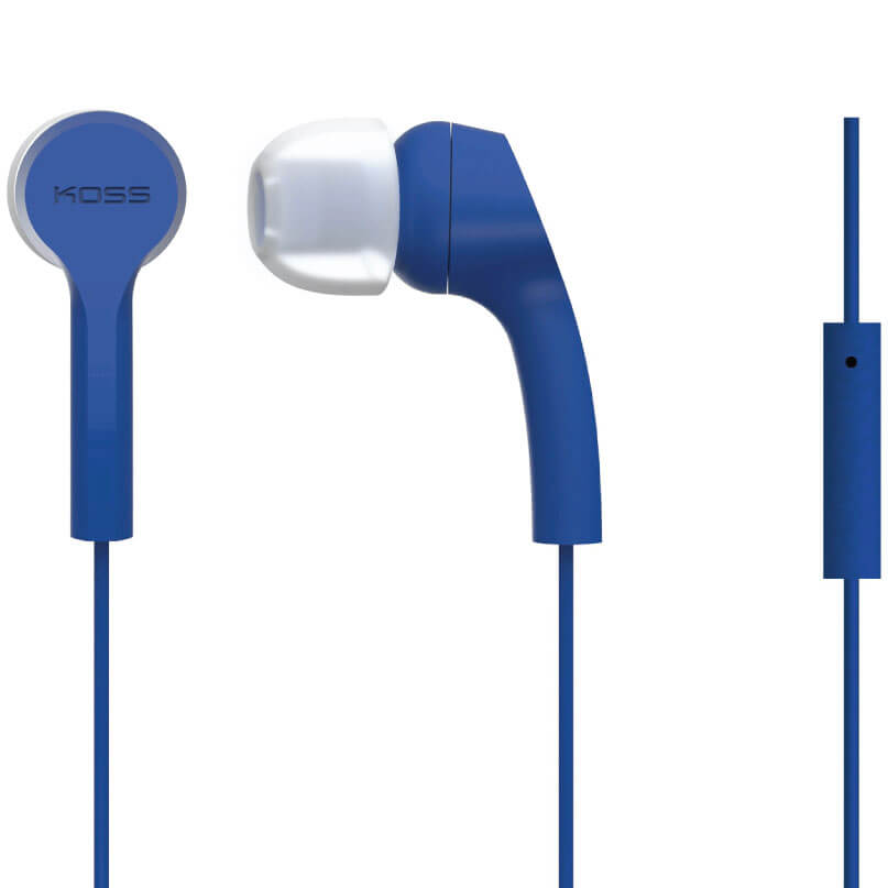 Koss Keb9I Earbuds And In Ear Headphones Koss blue wired in-ear headphones with white silicone ear tips.