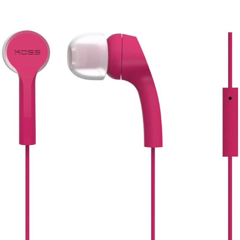 Koss Keb9I Earbuds And In Ear Headphones Pink koss in-ear headphones with white silicone ear tips and inline remote.
