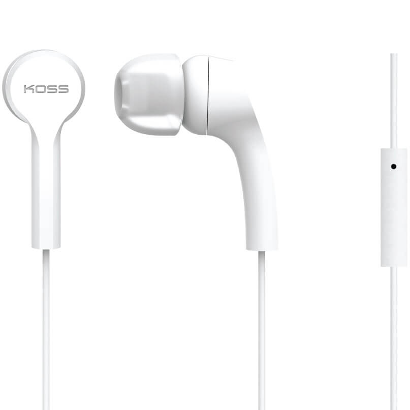 Koss Keb9I Earbuds And In Ear Headphones White koss in-ear headphones with silicone tips and inline control on the cord.