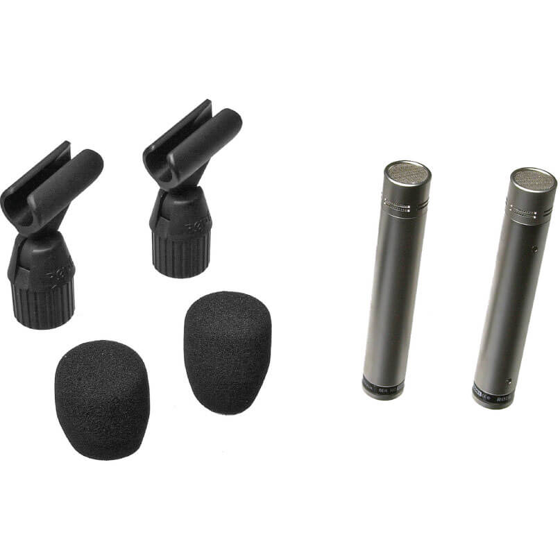Rode Nt5 Condenser Microphone Dual microphone kit with two slim metal condenser mics, two foam windscreens, and two adjustable mic clips.