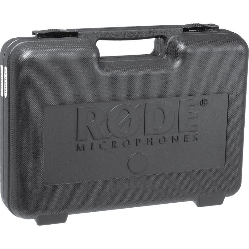Rode Nt5 Condenser Microphone Hard-shell black carrying case for rode microphones, with textured surface, embossed logo, handle, and two latches.