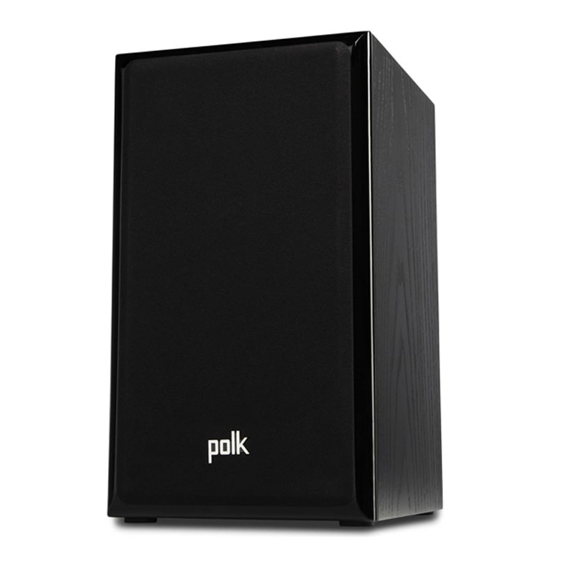 Polk Audio Legend L100 Bookshelf Speaker Polk black bookshelf speaker with fabric grille and wood veneer sides.