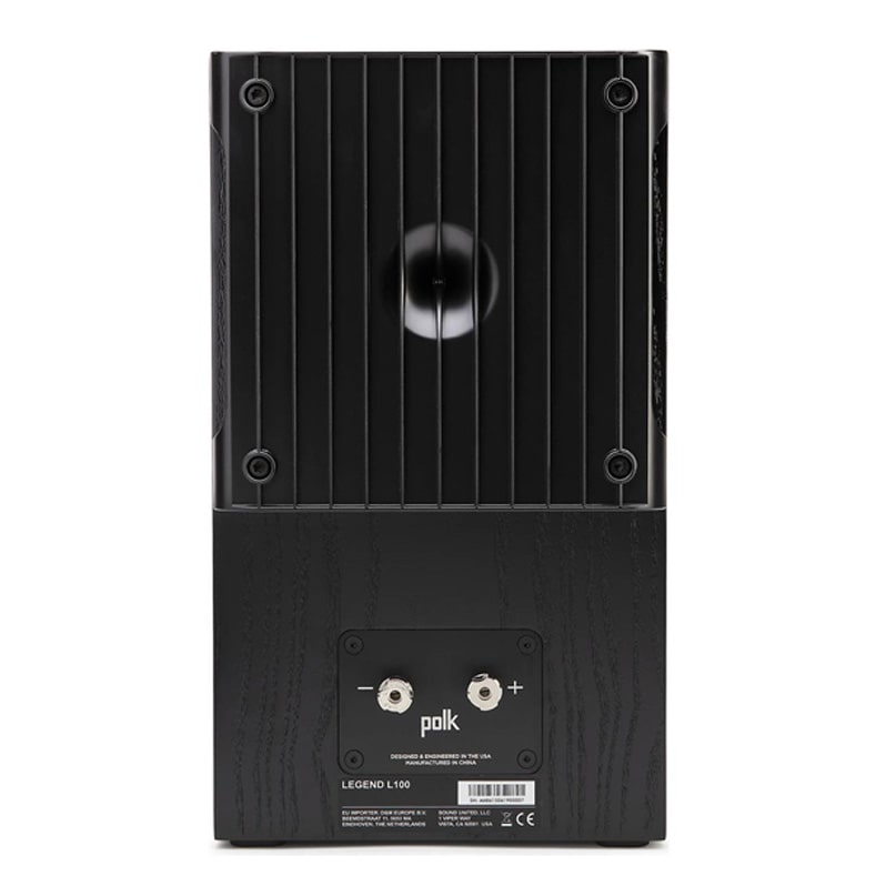 Polk Audio Legend L100 Bookshelf Speaker Polk legend l100 bookshelf speaker rear view with dual binding posts and vented heatsink panel.