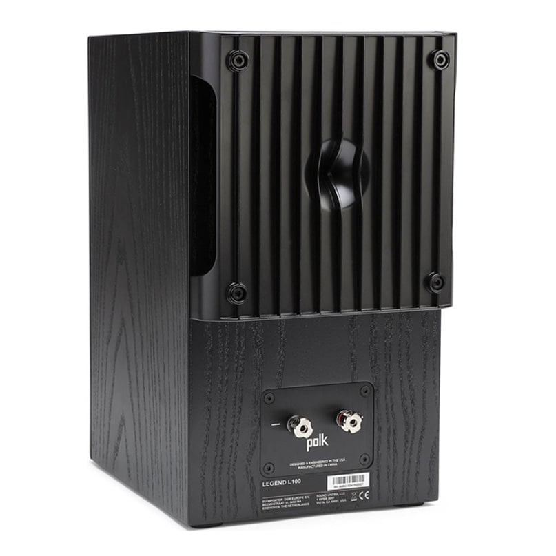 Polk Audio Legend L100 Bookshelf Speaker Polk legend l100 floorstanding speaker with black wood-grain cabinet and rear vented panel with binding posts