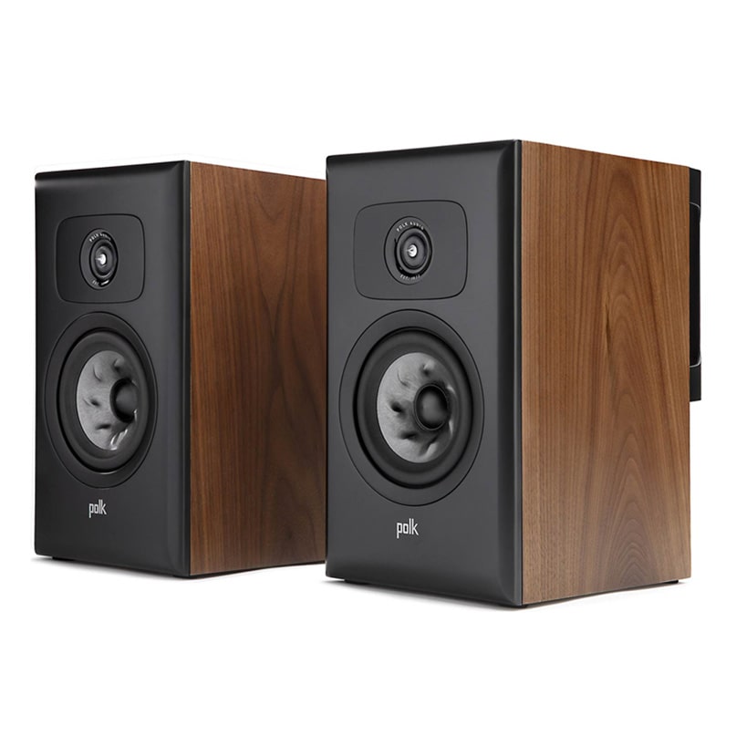 Polk Audio Legend L100 Bookshelf Speaker Polk bookshelf speakers with wood veneer cabinets and black fronts, two-way design with a woofer and tweeter, pair.
