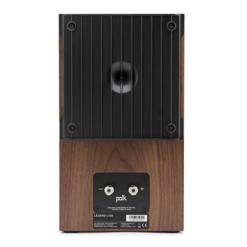 Polk Audio Legend L100 Bookshelf Speaker Polk legend l100 speaker, rear view showing wood veneer cabinet, black back panel and dual binding posts