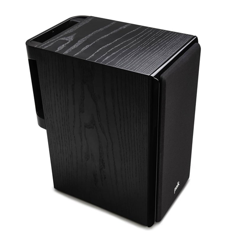 Polk Audio Legend L200 Bookshelf Speaker Black wood-grain exterior subwoofer with fabric front panel, compact rectangular design and subtle silver trim along the top edge.