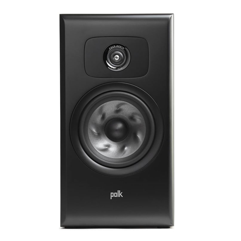 Polk Audio Legend L200 Bookshelf Speaker Polk black bookshelf speaker with a top-mounted tweeter and a large circular woofer.