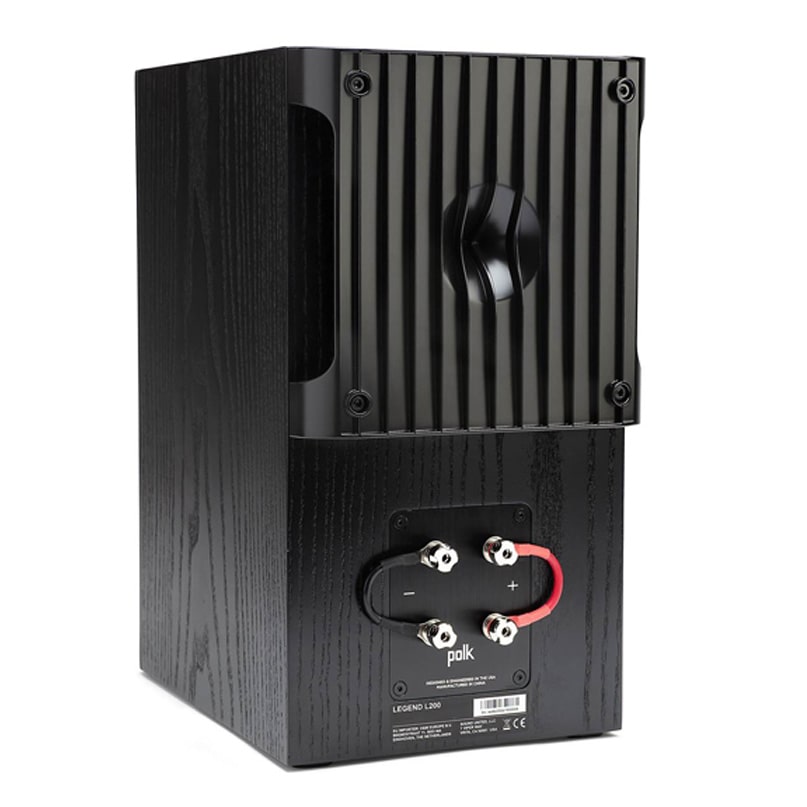 Polk Audio Legend L200 Bookshelf Speaker Polk legend l200 loudspeaker, black wood cabinet, rear binding posts with red jumper.