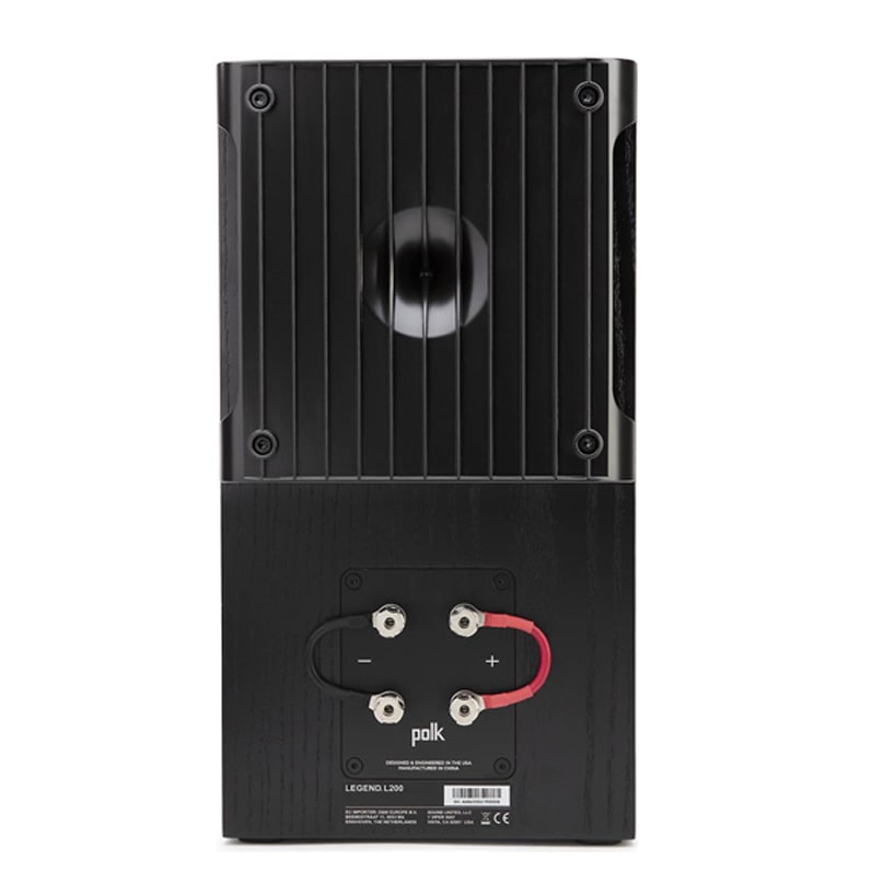 Polk Audio Legend L200 Bookshelf Speaker Polk audio legend l200 loudspeaker back panel with vertical heat sink, four binding posts, and jumper wire.