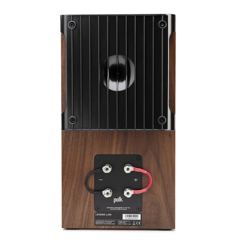 Polk Audio Legend L200 Bookshelf Speaker Polk legend l200 floorstanding speaker, rear panel with binding posts on wood veneer cabinet.