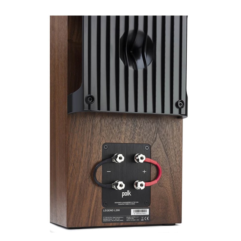 Polk Audio Legend L200 Bookshelf Speaker Polk legend l200 floor-standing speaker with wood veneer cabinet and red and black binding posts.