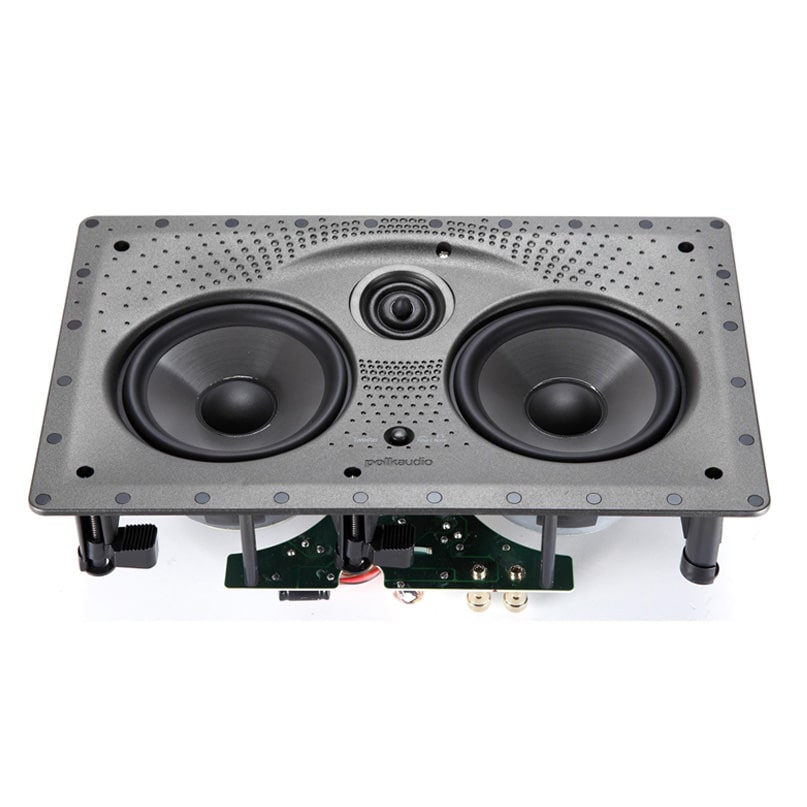 Polk Audio 255Cls In-Wall Center Channel Speaker Polk audio in-wall speaker with twin woofers and a center tweeter on a perforated metal frame.