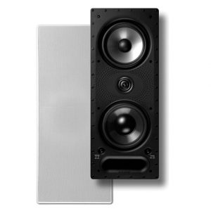 Polk Audio floor-standing speaker with two large woofers, a central tweeter, and a bottom bass port.