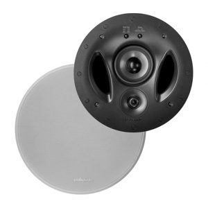 Polk Audio round ceiling speaker with black front, dual side ports, central woofer and tweeter, and detachable grey grille.