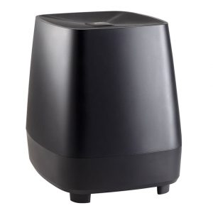 Automatic matte-black trash can with curved rectangular body and sensor lid.