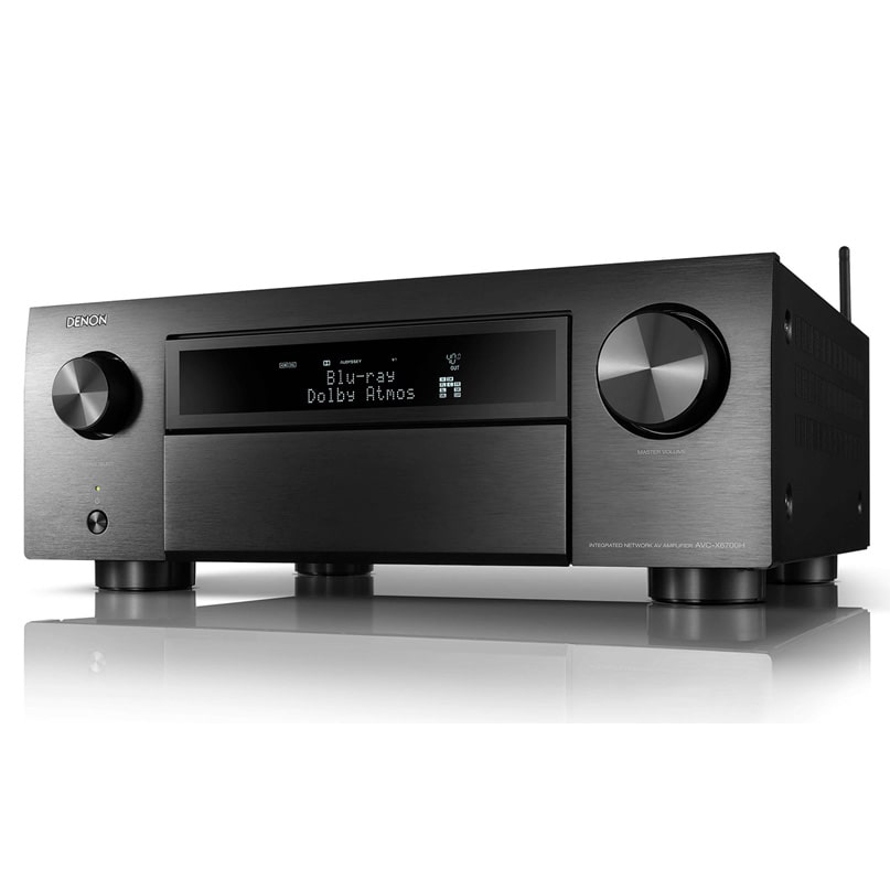 Denon Avc-X6700H Denon avc-x6700h network av receiver with brushed aluminum front panel, central display, and large left and right volume knobs.