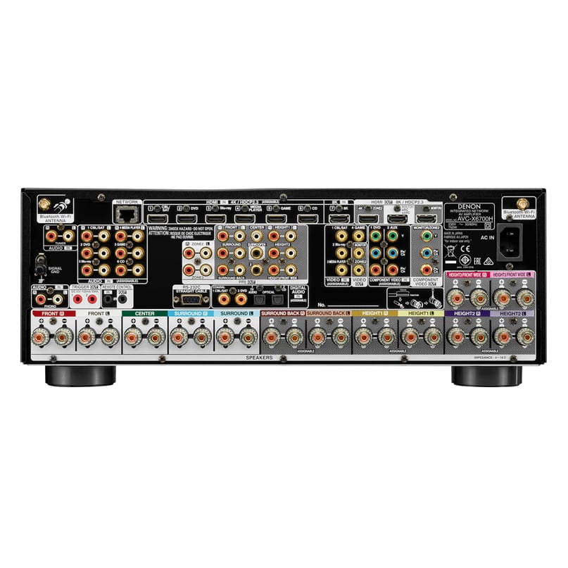 Denon Avc-X6700H Denon avr-x6700h av receiver back panel with extensive analog and digital inputs, hdmi, component video, and multi-room speaker terminals.