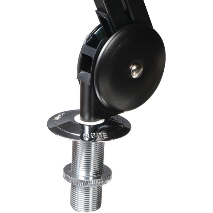 Rode Psa1 Rode microphone stand mount with black tilt adjustment wheel and 3/8-inch threaded adapter for microphone placement.
