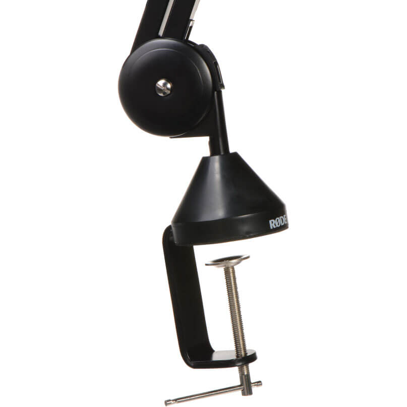 Rode Psa1 Rode desk microphone mount with clamp, black cone-shaped support, and adjustable threaded rod.