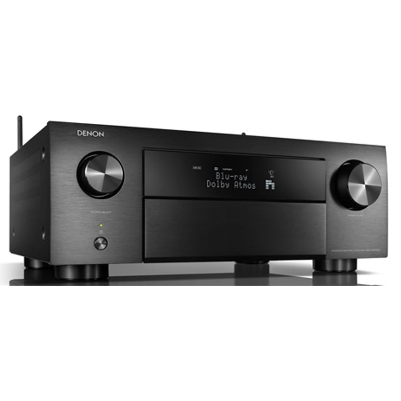 Denon Avc-X4700H Denon blu-ray player with brushed metal finish, two large front knobs, and a central display showing blu-ray dolby atmos