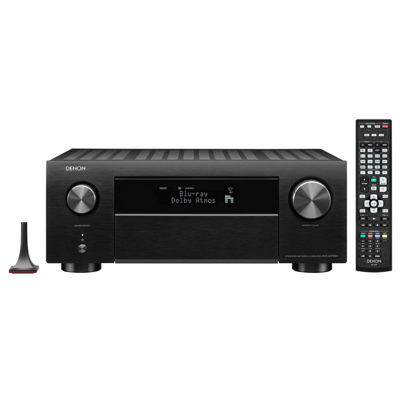 Denon Avc-X4700H Denon av receiver with brushed black finish, central display, two large knobs, accompanying remote and rf antenna