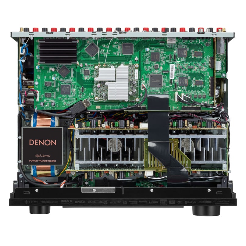 Denon Avc-X4700H Denon av receiver internal chassis with high-current power transformer, heat sinks, and circuit boards.