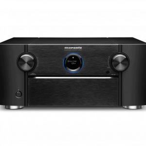 Marantz AV surround receiver with brushed black front, large left and right knobs, and a blue-lit circular display.