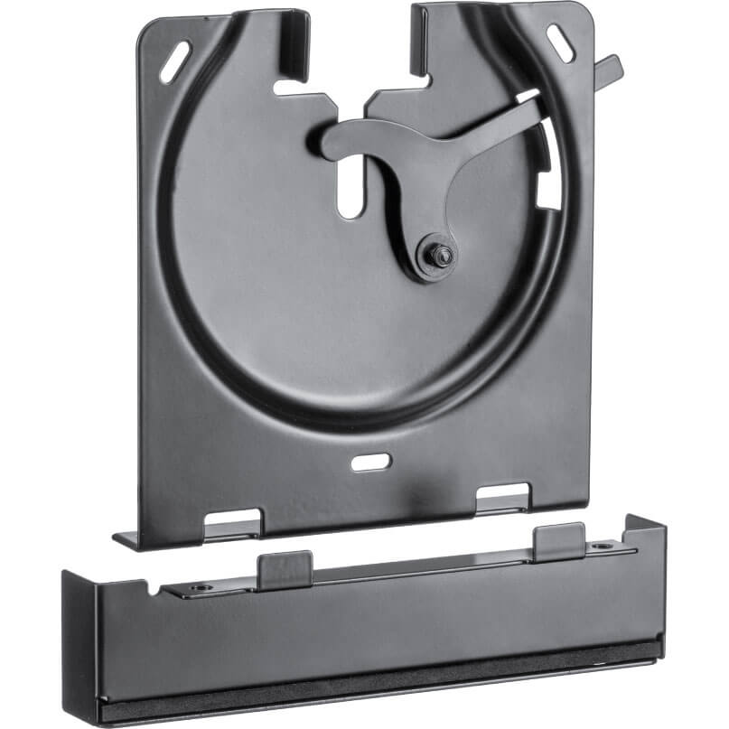 Sanus Wsscam1 Slim Wall Mount For Sonos Amp Metal wall-mount bracket with circular locking clamp and a sliding bottom tray for secure equipment mounting.