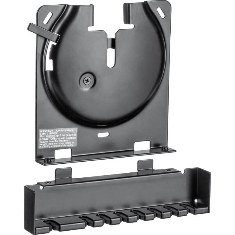 Sanus Wsscam1 Slim Wall Mount For Sonos Amp Black metal wall-mount cable organizer featuring a circular spool and multiple clip hooks