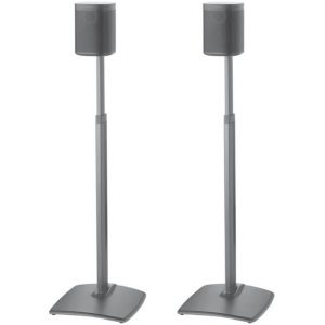 Two gray speakers on tall adjustable stands with square bases.