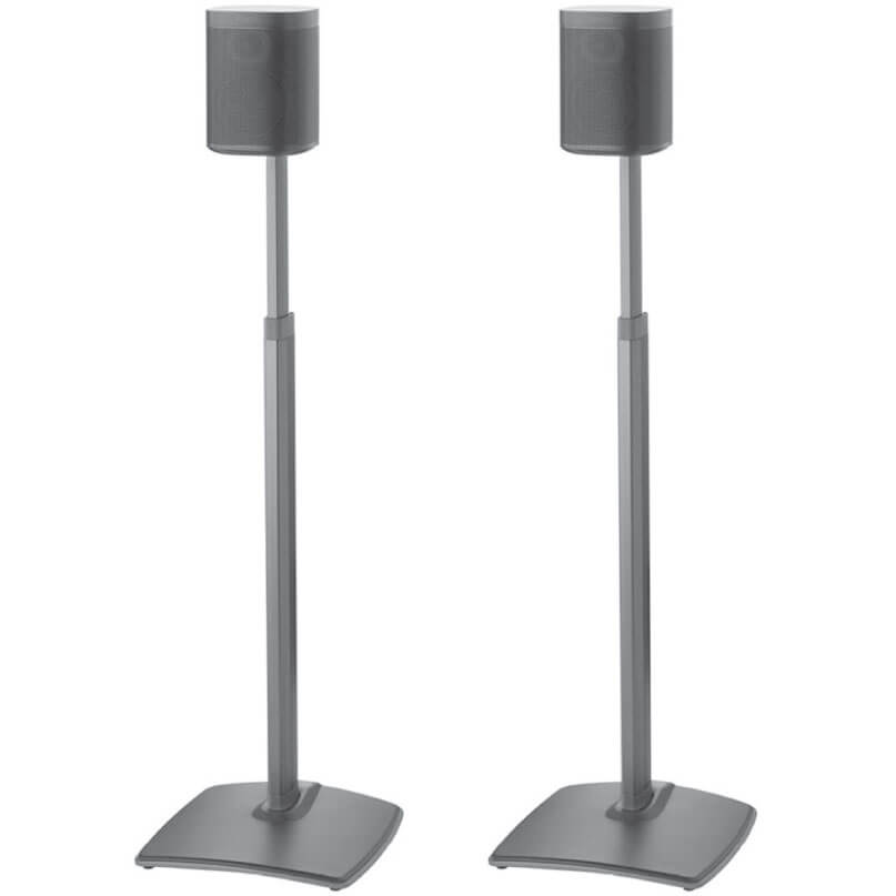 Sanus Wssa2 Adjustable Height Wireless Speaker Stands Two gray speakers on tall adjustable stands with square bases.
