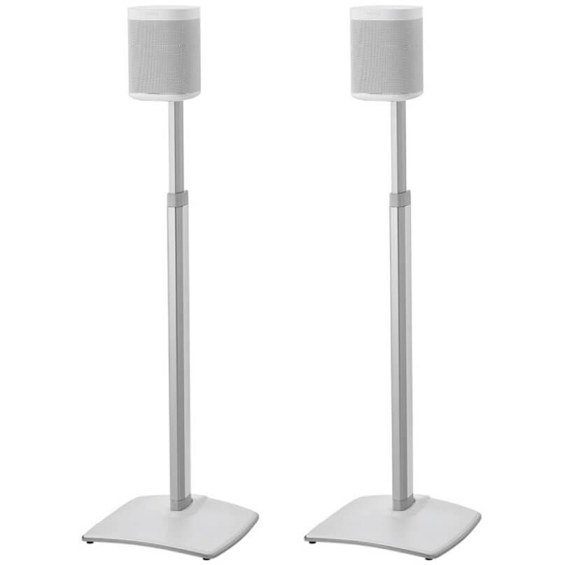 Sanus Wssa2 Adjustable Height Wireless Speaker Stands Two white cylindrical speakers on adjustable-height metal stands with square bases.