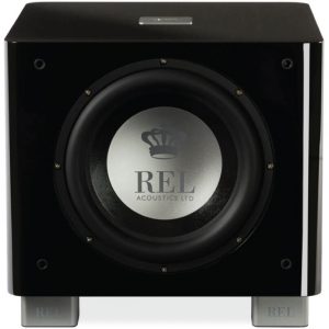 REL Acoustics subwoofer in a black glossy cabinet with silver center logo on the woofer.