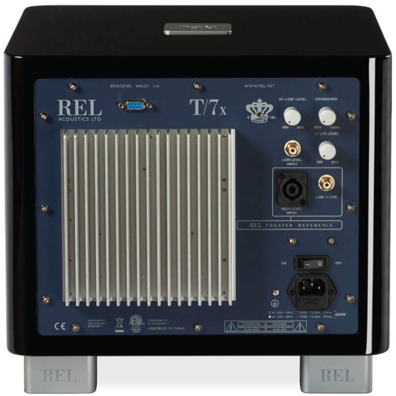 Rel Serie T/7X Rel acoustics t/7x subwoofer with blue rear panel and large heatsink.