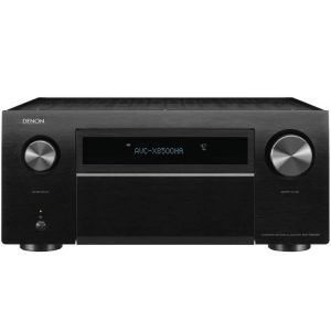 Denon AVR-X8500HA network AV receiver with brushed black metal front panel and large left and right volume knobs