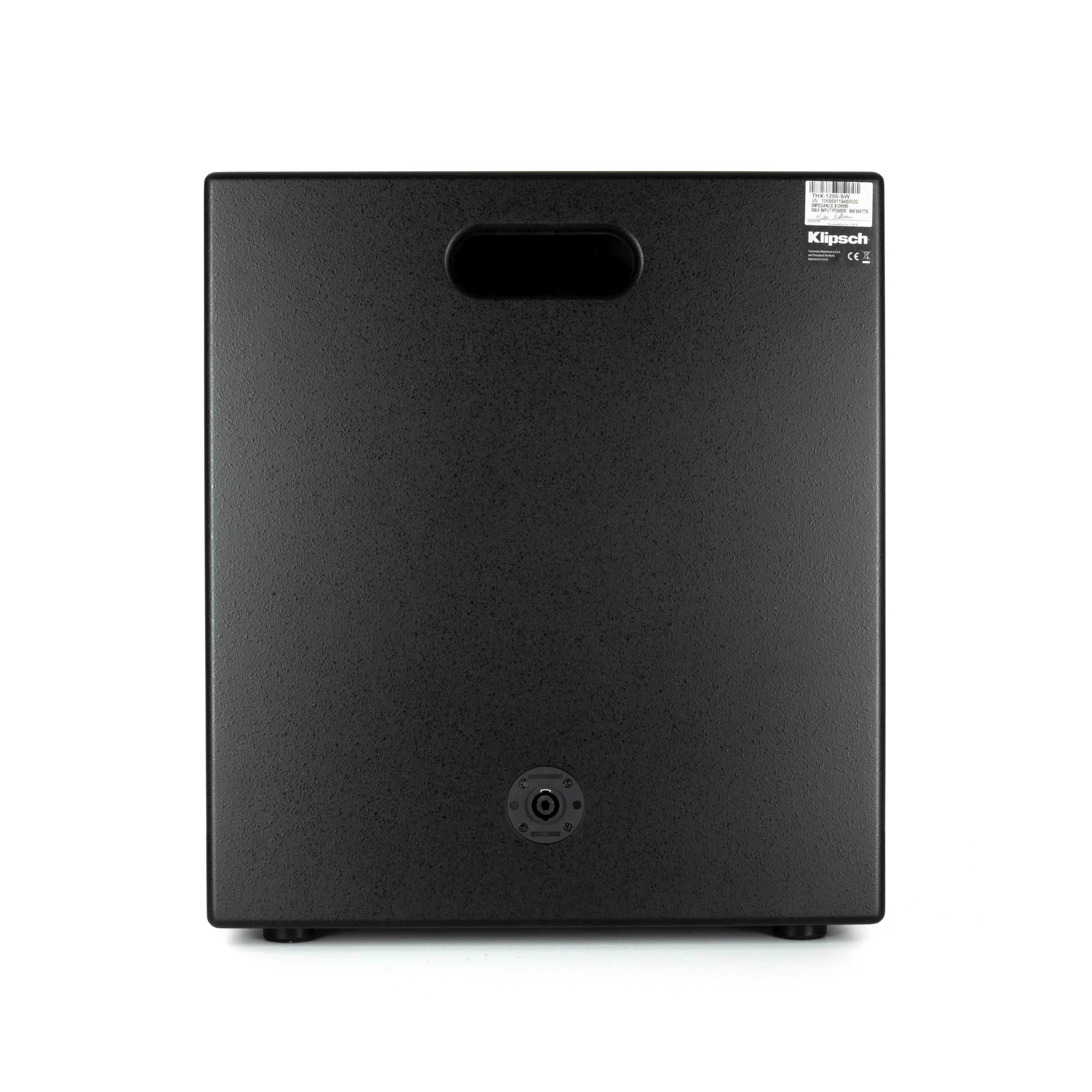 Klipsch Thx-1200-Sw 12&Quot; Subwoofer Klipsch thx-1200-sw subwoofer, black textured cabinet with rear label, and circular connection jack.
