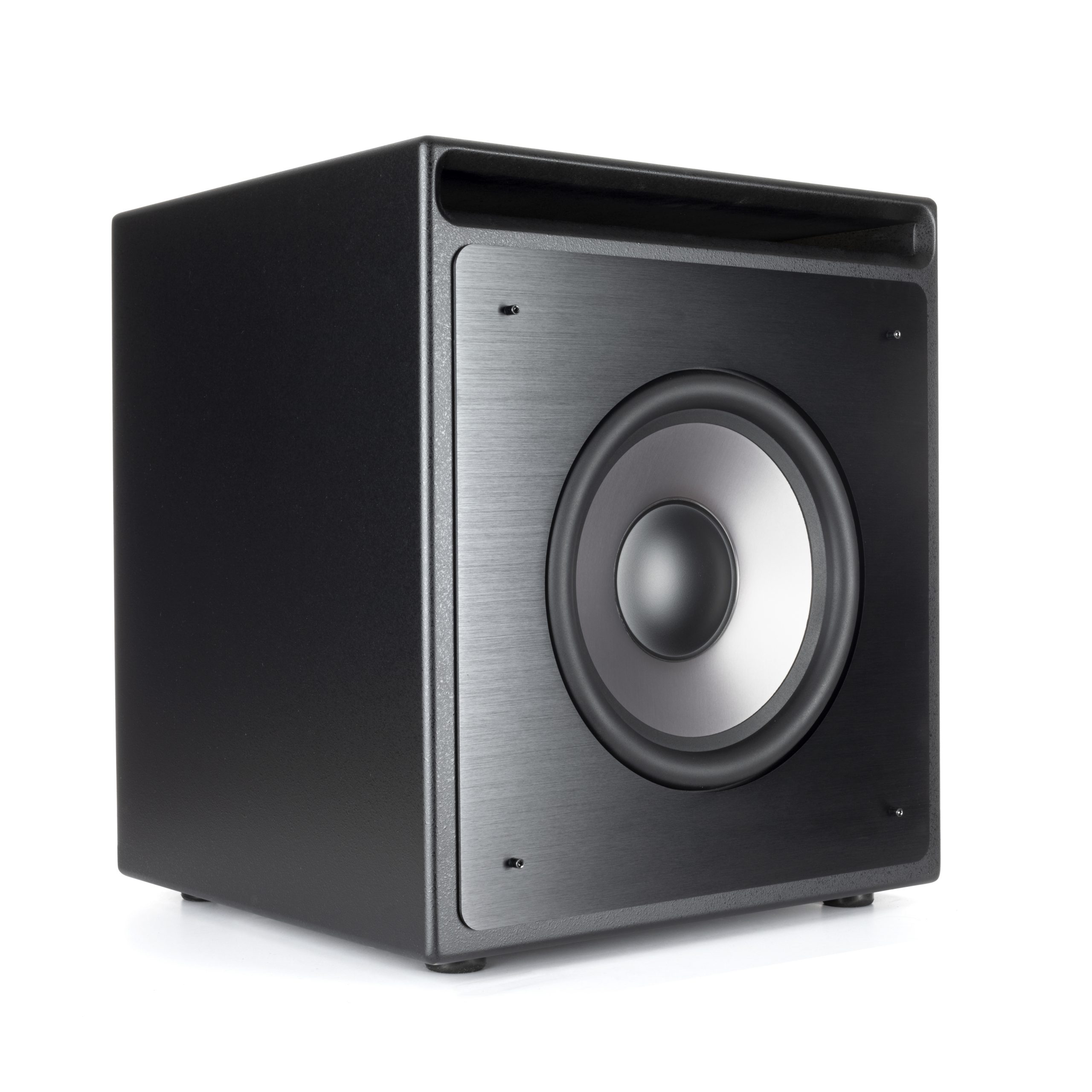 Klipsch Thx-1200-Sw 12&Quot; Subwoofer Black rectangular speaker cabinet with brushed metal front panel and large circular woofer.