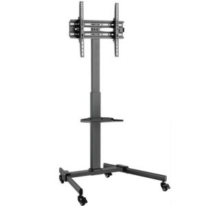 Mobile TV cart with height-adjustable stand, rolling base, and VESA mounting bracket for flat-screen television.