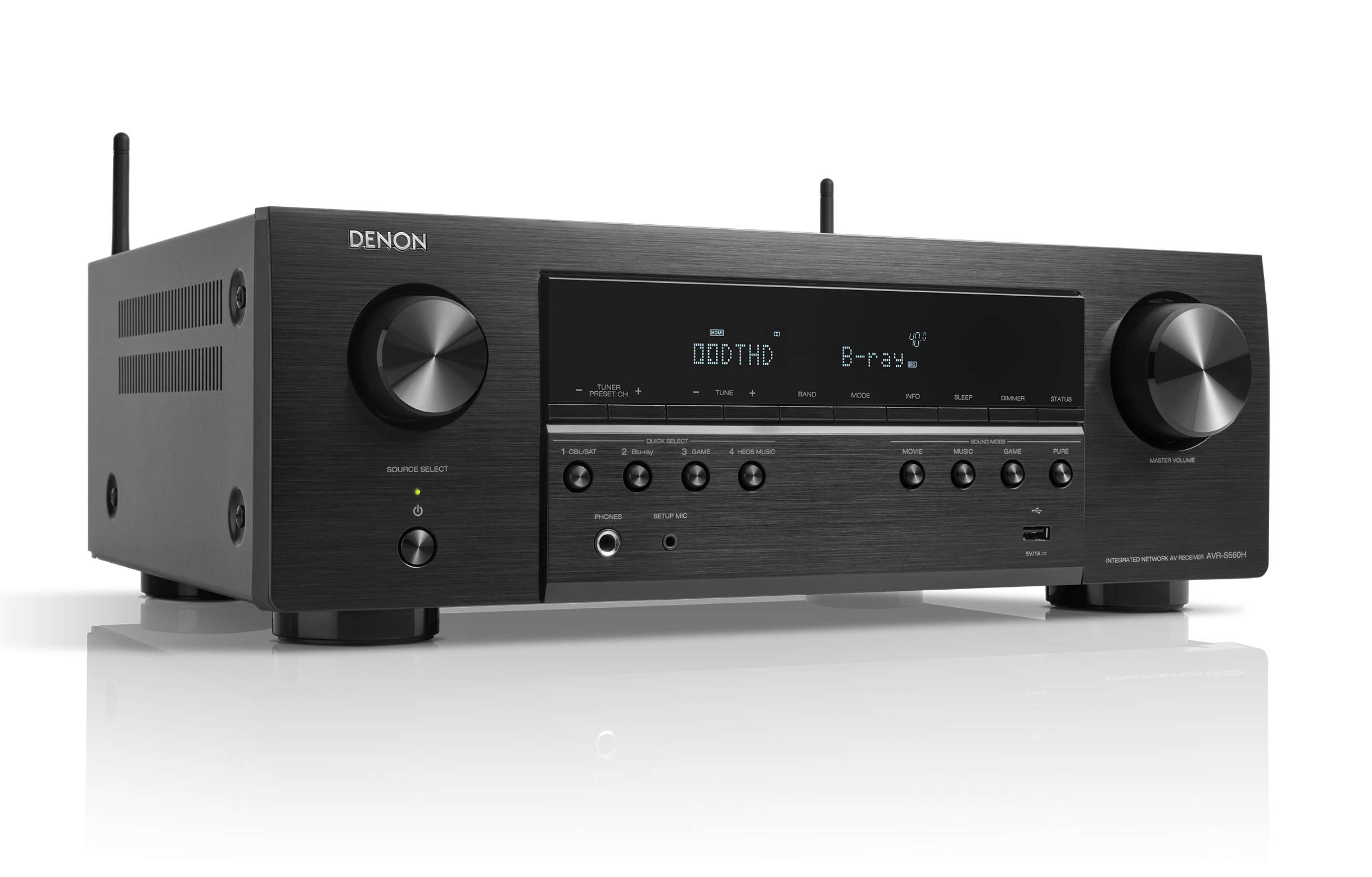 Denon Avr-S660H Denon avr-s660h integrated network av receiver with brushed metal front panel, dual large knobs, and digital display.